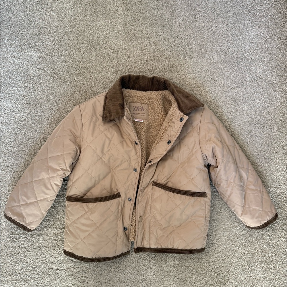 Zara Kids Tan Quilted Puffer with Dark Brown Trim